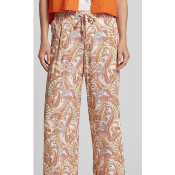 MNG Mango Nora Wide Leg Orange Paisley Print Tie Belt Women's Pants Casual - Picture 1 of 10